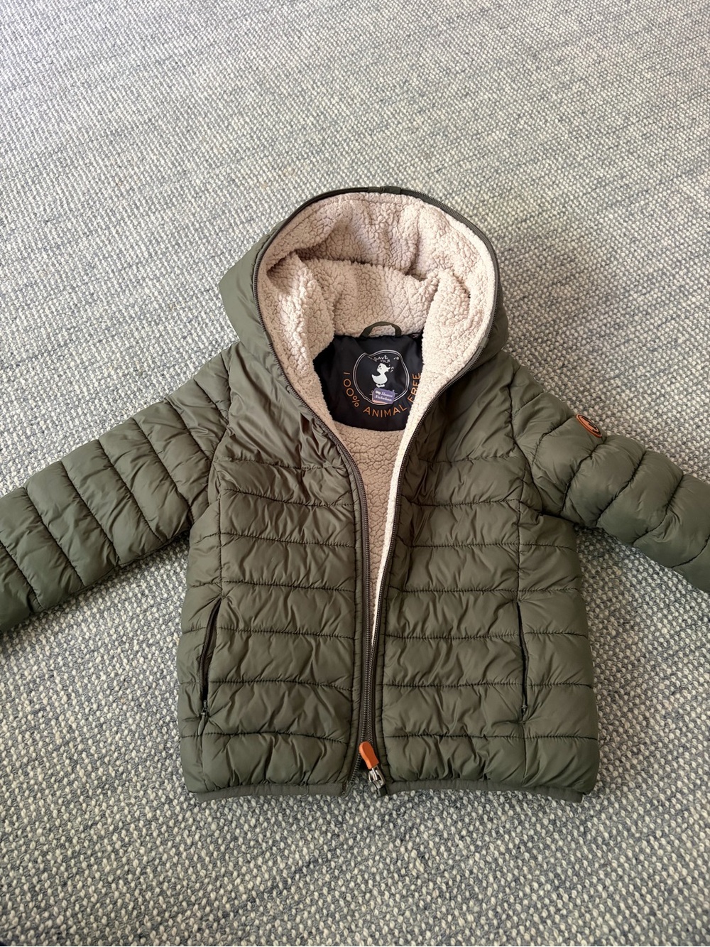 SAVE THE DUCK Kids Olive Green Puffer Jacket with Cream Sherpa Lining